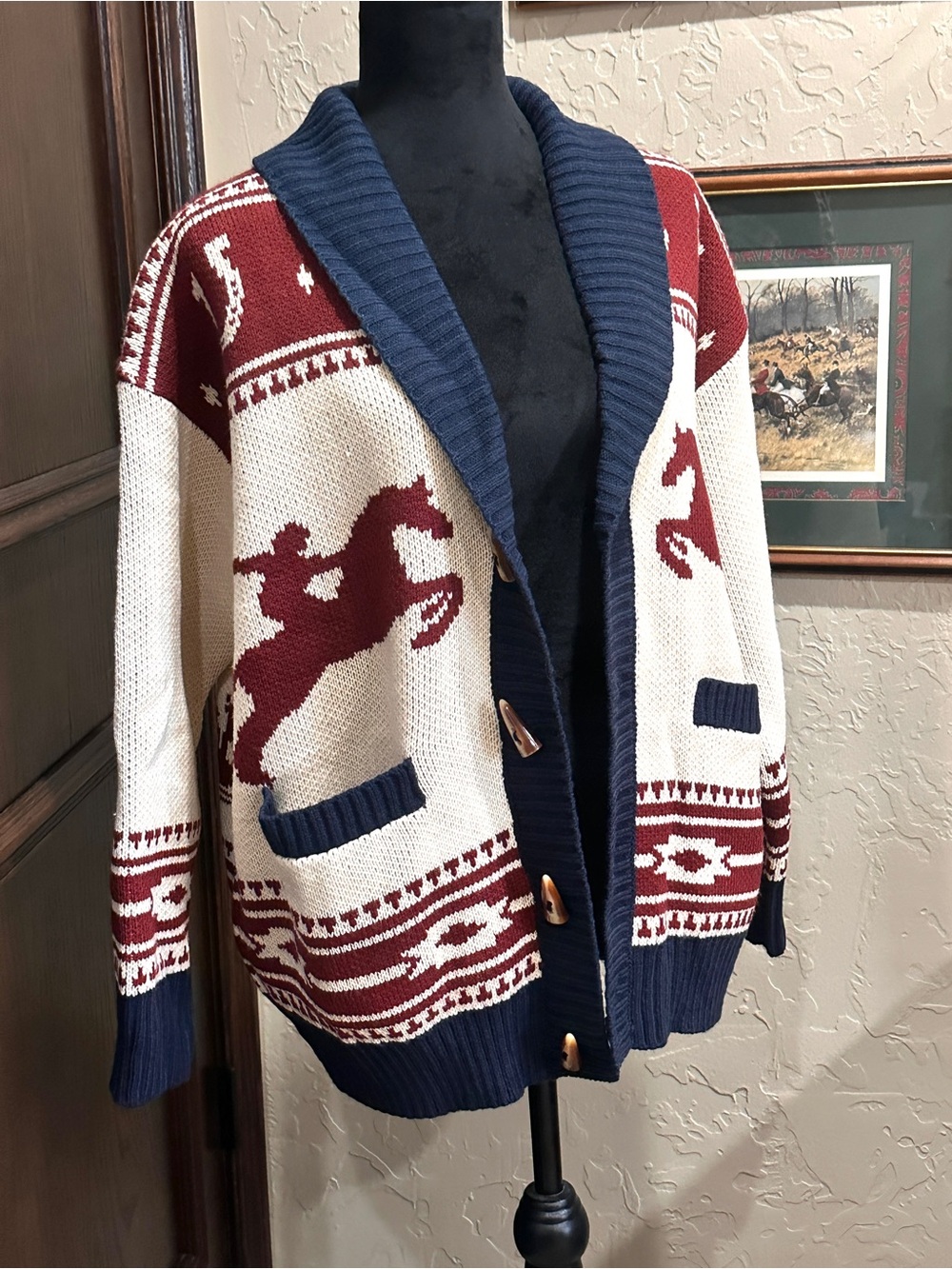 NWOT Shawl Collar Horse-Pattern Cardigan Sweater -‎ Cream & Burgundy Medium
